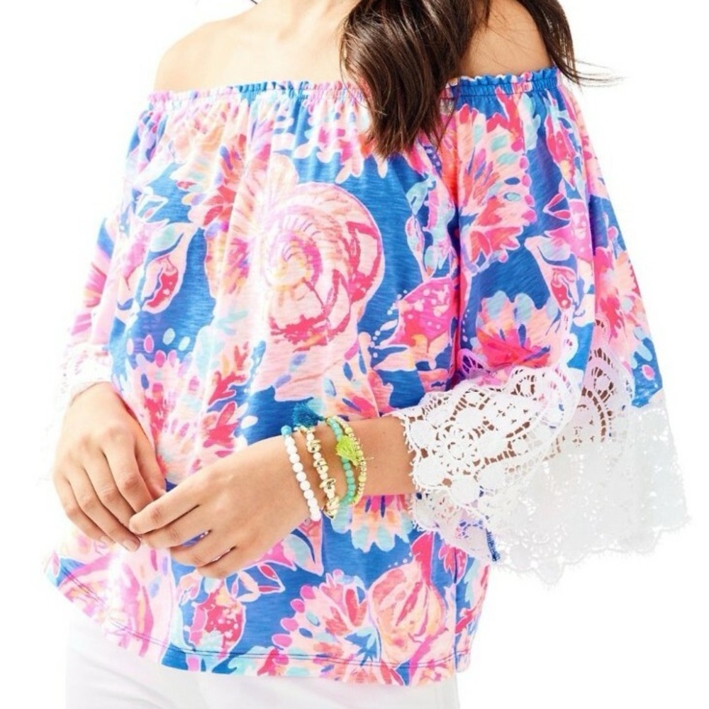 Lilly Pulitzer Zaylee Bennett Blue Bay Dreaming Off Shoulder Top Small Preppy